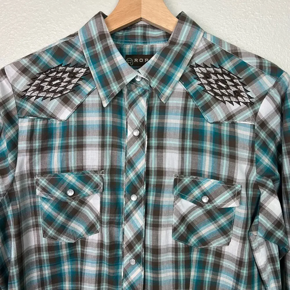 Roper Women's Large Plaid Print Embroidered Pearl Snap Western Shirt Long Sleeve - Picture 2 of 9
